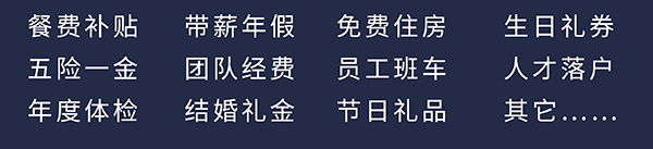 BBIN游戏员工福利：餐费津贴、五险一金、年度体检、带薪年假、团队经费、完婚礼金、免费住房、员工班车、节日礼物、生日礼券、人才落户、其它……